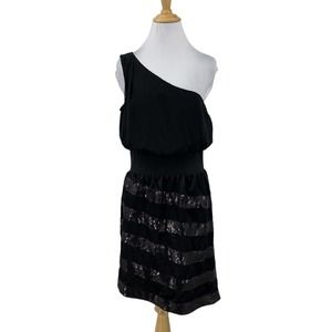 She Said... Sequin Cocktail Dress Womens S Small Black One Shoulder Banded Waist